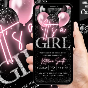 Digital Baby Girl Shower Invitation, Animated Baby Shower Invite, Blush Pink Balloons Diamonds Phone Mobile Evite, Editable eCard Template