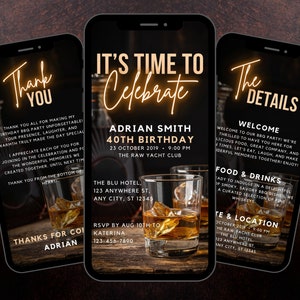 40. Geburtstagseinladung für Männer, Digital Guys Whisky-Feier einladen, Dinner-Party vierzig Evite, selbst bearbeitbare 40. männliche Meilenstein Ecard
