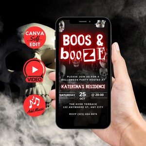 Digital Halloween Boos And Booze Party Invitation, Skull Video Invite, Red Trick Or Treat Horror eCard, Self Edit DIY Template eCard