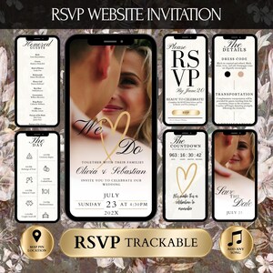 RSVP-huwelijksuitnodiging, uitnodiging online digitale trouwwebsite, countdowntimer, vintage gastwebsite Canva-sjabloon