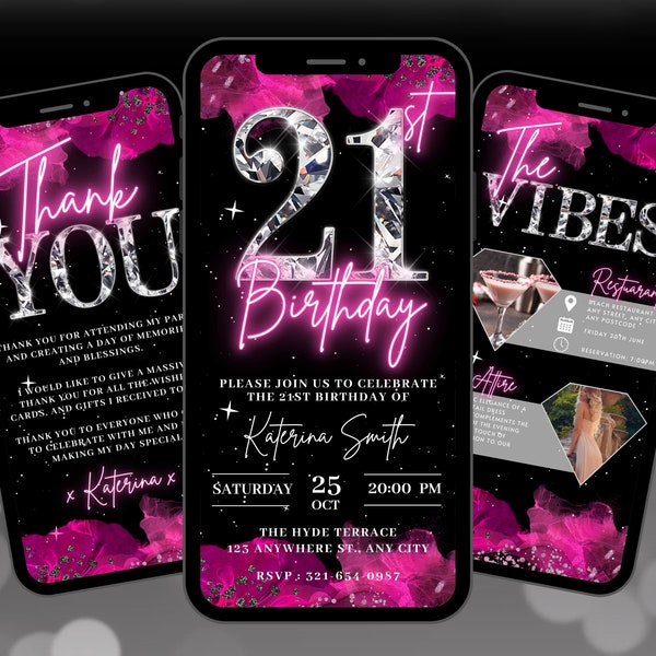 Digital 21st Birthday Invitation, Animated Hot Pink Womens 21 Glam Diamond Invite, Luxury Evite, Editable Custom Itinerary & Thank You eCard