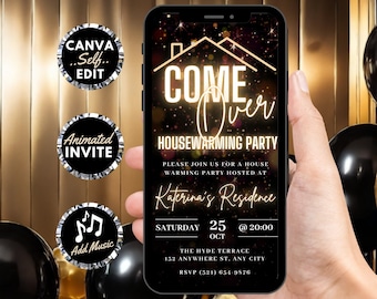 Könnte beinhalten: Eine digitale Einladung zu einer Einweihungsfeier mit einem gold-schwarzen Farbschema. Die Einladung zeigt ein Haussymbol mit dem Text "Come Over" in einer neongoldenen Schriftart. Der Text "Housewarming Party" ist in einer goldenen Schriftart. Die Einladung enthält das Datum, die Uhrzeit und den Ort der Party. Der Text "Katerina's Residence" ist in einer goldenen Schriftart.