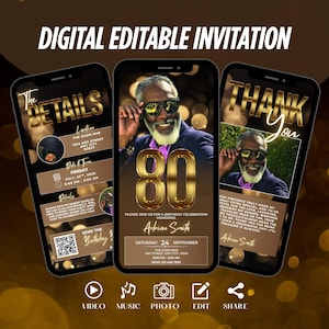Stylish 80th Birthday Digital Invite For Adults, Editable Dinner Party Invitation for Men, Elegant Black and Gold Evite, Luxury Template