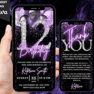 Faire-part numérique 12e anniversaire, vidéo 12e invitation violet argent pour filles, douze diamants lavande Evite pour elle, carte électronique de remerciement modifiable