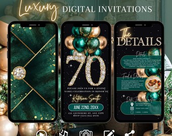 Green Gold 70th Birthday Invitation, Digital Envelope Animated Invite, Diamond Brunch Evite, Dinner Party Editable Template Ecard For Women