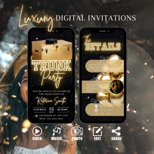 Digital Graduation Trunk 2025 Party Invitation, Animated Gold Grad Announcement Invite, High School Evite, College Acceptance Template eCard