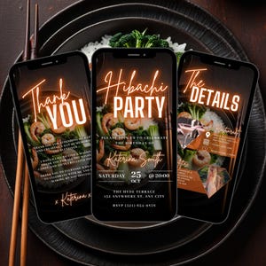 Digital Hibachi Flyer Invitation, Animated Birthday Dinner Party Invite, Red Japanese Food Video Evite, Self Edit DIY Custom Itinerary eCard