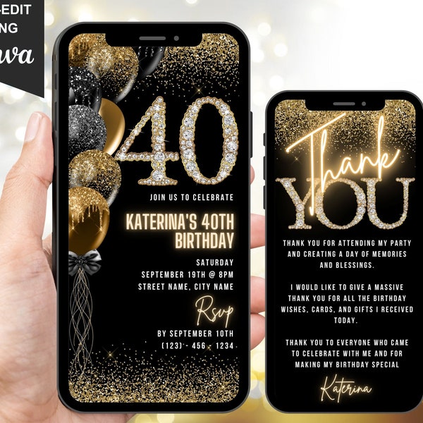 Digital 40th Birthday Party Invitation For Her, 40th Glam Invite, Black Gold Silver Diamond Video Evite For Women, Editable Thank You eCard