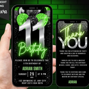 Digital 11th Birthday Flyer Invitation, Turning Eleven Video Invite For Boys, Neon Green 11 Year Old Evite, Self Editable DIY Template eCard