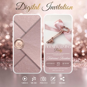 May include: Digital invitation design with a pink and gold color scheme. The invitation features a key with a heart-shaped handle and a pink ribbon. The text reads "Housewarming Party" and includes event details.