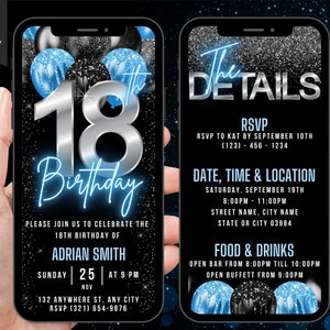 Digital 18th Birthday Invitation for Boys, Animated 18th Party Invite, Teenager Neon Blue 18 Year Old Evite, Self Editable Itinerary eCard