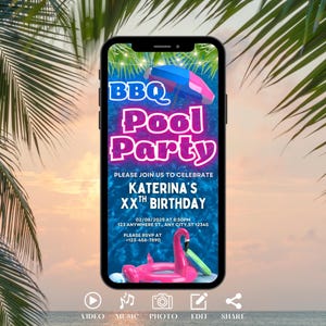 Digital BBQ Pool Party Invitation, Pink Summer Birthday Evite, Video Invite For Teens, Girls. Self Editable DIY Grill Ecard Template.