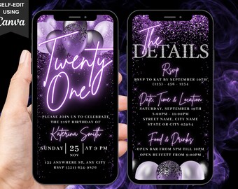 Digital 21st Birthday Invitation, Video 21st Black Purple Silver Invite For Women, Neon Twenty First Evite For Her, Editable Itinerary eCard