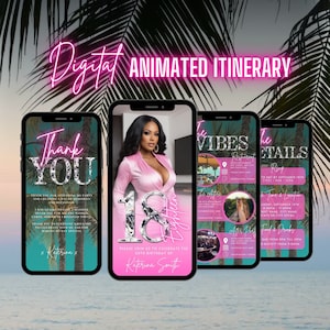 May include: Three digital phone screens with a tropical theme. The first screen says "Thank You" and has a pink and green color scheme. The second screen says "Please join us to celebrate the XXth birthday of Katerina Smith" and has a pink and white color scheme. The third screen says "The Vibes" and "The Details" and has a blue and green color scheme.