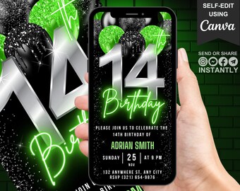14th Digital Flyer Birthday Invitation, Green Turning 14 Video Invite, Sweet Fourteen Dinner Party Evite, Self Editable DIY Template eCard