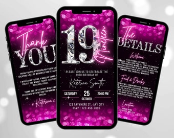 Digital 19th Birthday Invitation, Animated Nineteenth Dinner Party Invite, Pink Girls Diamond Evite, Self Editable Template eCard For Women