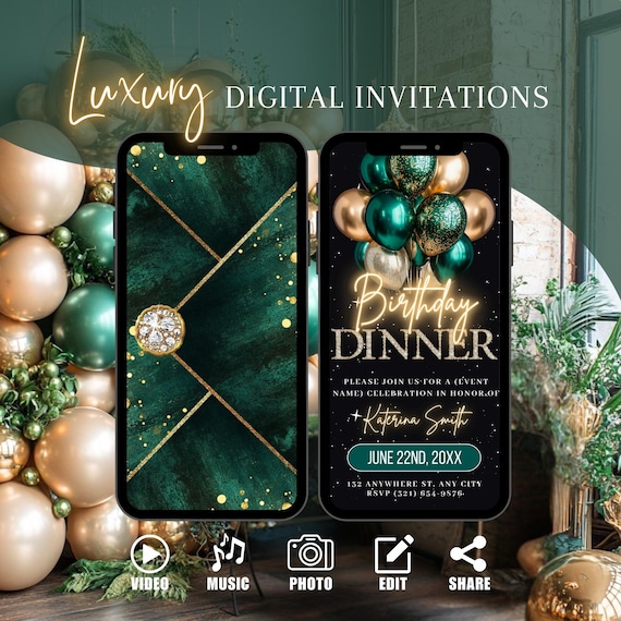 Emerald Birthday Dinner Invitation, Digital Party Invite For Women, Green Gold Formal Affair Evite, Animated Self Editable Template eCard