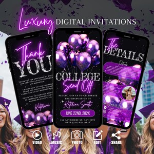 Invito per la festa di laurea viola, invito per la festa del baule digitale, invito per la festa di laurea, invito per la festa di laurea, modello di eCard per l&#39;addio