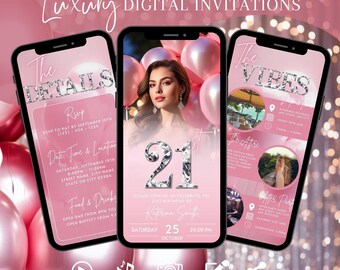 Digitale 21 Geburtstagseinladung, animierte 21 Party Brunch-Einladung, Blush Pink Dinner Evite, selbst bearbeitbarer Vibes-Reiseplan & Vorlage eCard