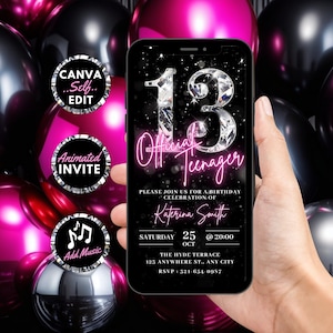 Faire-part numérique pour 13e anniversaire, invitation officielle de fête d'adolescent animée de paillettes, Evite rose noir pour filles, modèle de carte électronique auto-modifiable