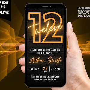 Digital 12th Birthday Party Orange Neon Invitation, Electronic Phone Text Message Evite, Editable Animated Template Invite For Boys And Girl