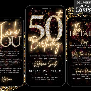 Digitale Video-Einladung zur 50. Geburtstagsfeier, 50. Glam Invite, animierte Fifty Black Gold Silver Evite, bearbeitbarer Reiseplan & Danke eCard