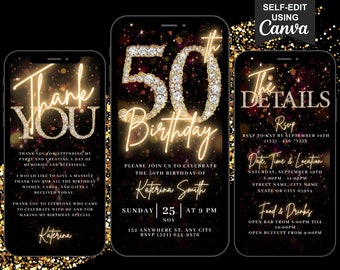 Digital 50th Birthday Party Video Invitation, 50th Glam Invite, Animated Fifty Black Gold Silver Evite, Editable Itinerary & Thank You eCard