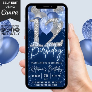 Faire-part numérique 12e anniversaire, 12e invitation bleu argent, ballon diamant Winter Wonderland douzième Evite, carte électronique modifiable