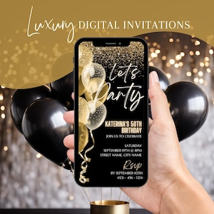 Digital 50th Birthday Invitation, Electronic 50th Dinner Party Invite For Men, Gold Video Evite For Women, Self Editable Template eCard