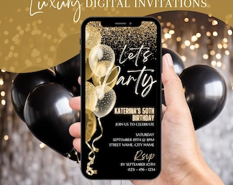 Digital 50th Birthday Invitation, Electronic 50th Dinner Party Invite For Men, Gold Video Evite For Women, Self Editable Template eCard