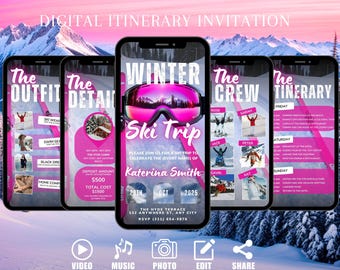 Digital Weekend Ski Trip Birthday Invitation, Bachelorette Party Snowboarding Pink Template, Self Edit Itinerary Travel DIY Planner eCard