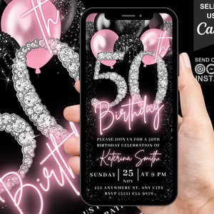 Digitale 50e verjaardagsuitnodiging, Blush Pink Girls 50e ballon diamant uitnodigen voor haar, geanimeerde Evite dames, zelf bewerkbare sjabloon e-card