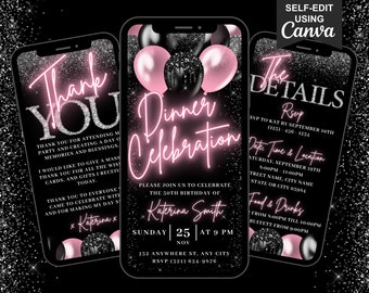 Invitación digital a cena, invitación animada a cena, brunch de Evite, para cualquier ocasión, cumpleaños rosa ruborizado, itinerario editable y tarjeta electrónica de agradecimiento.