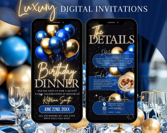 Faire-part numérique pour dîner d'anniversaire, invitation à un dîner surprise, invitation à une cérémonie en or bleu pour femme, modèle de carte électronique modifiable animé