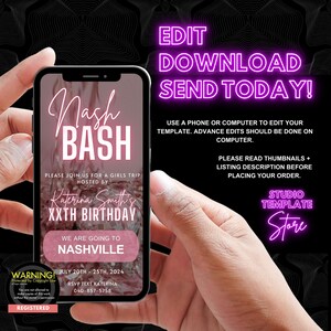 May include: A pink and white digital invitation for a birthday party in Nashville. The invitation says "Nash Bash" and "Katerina Smith's XXTH Birthday". The invitation also includes the dates "July 20th - 25th, 2024" and a phone number for RSVP.