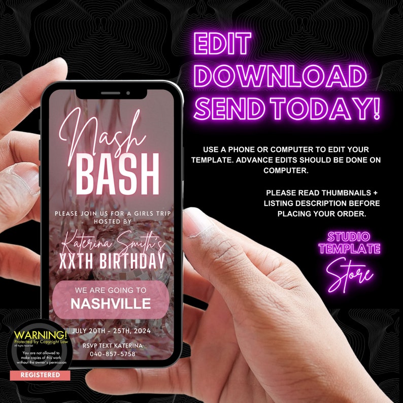 May include: A pink and white digital invitation for a birthday party in Nashville. The invitation says "Nash Bash" and "Katerina Smith's XXTH Birthday". The invitation also includes the dates "July 20th - 25th, 2024" and a phone number for RSVP.