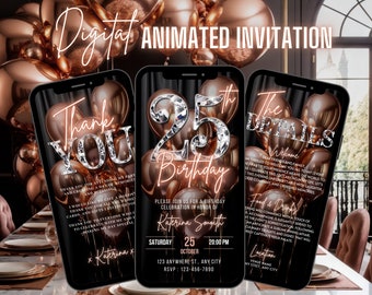 Invito digitale per il 25° compleanno, invito animato per cena per donne, invito per brunch con palloncini oro rosa e diamanti, pacchetto di biglietti elettronici modificabili