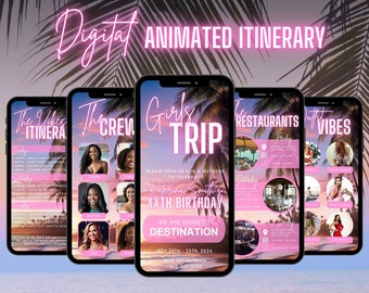 Digital Girls Weekend Invitation, Animated Birthday Travel Itinerary, Black Gold Las Vegas Vacation Schedule, Self Editable Trip Planner
