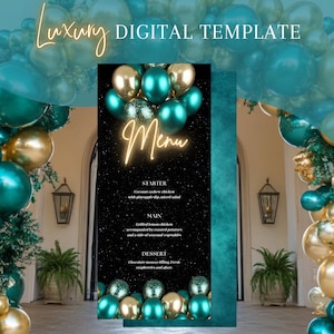 Customizable Digital Menu, Teal and Gold Canva Template, Birthday Dinner Table Decor, Editable Event Menu for Milestone Celebrations