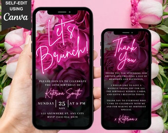Digital Let's Brunch Birthday Party Invitation, Digital Phone Evite For Her, Animated Pink Floral Invite Any Age, Editable Thank You Ecard