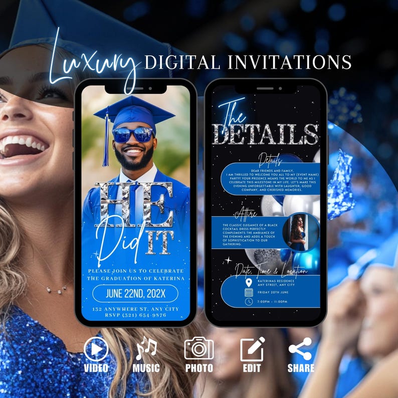Pu&ograve; includere: Un modello di invito digitale per una festa di laurea. Il modello presenta uno schema di colori blu e nero con una foto di un laureato che indossa un cappello e una toga. Il testo sull'invito recita "Ce l'ha fatta" e "Unisciti a noi per celebrare la laurea di Katerina il 22 giugno 202X".