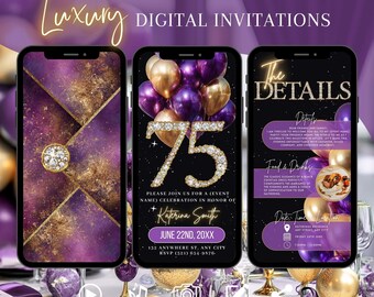 May include: Digital invitation design on smartphones. The design features a purple and gold color scheme with the text "Luxury Digital Invitations." One phone displays a diamond, another shows "75" with balloons, and the third has event details.