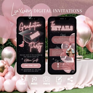 Invitación digital a la fiesta de graduación de 2025, invitación rosa para la clase de 25, Grad Evite, despedida universitaria, plantilla de itinerario editable para la ceremonia, tarjeta electrónica