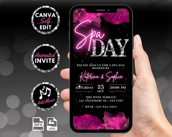 Invitación digital para un día de spa, invitación animada con manicura y pedicura en rosa intenso, invitación de cumpleaños para consentir a las niñas en una pijamada, plantilla autoeditable de tarjeta electrónica
