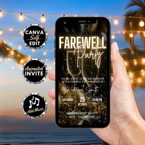 May include: A digital invitation for a farewell party with a gold and black color scheme. The invitation features a photo of two champagne flutes with sparkling lights. The text on the invitation reads "Farewell Party" and includes the name "Katerina Smith", the date "Saturday, October 25", the time "20:00 PM", the address "123 Anywhere St., Any City", and the RSVP number "123-456-7890".