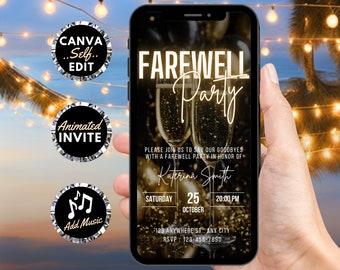 Digital Farewell Party Invitation, Animated Moving Going Away Invite, Retirement Party Black Gold Evite, Editable Itinerary Template eCard