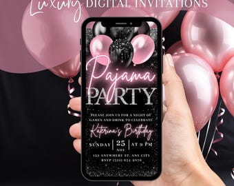 Digital Pajama Party Birthday Invitation, Animated PJs Fun Girls Night Invite, Blush Pink Bachelorette Party Evite, Self Edit Template eCard
