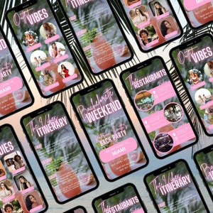 May include: A pink and black phone screen mockup with a bachelorette party itinerary and restaurant list for a trip to Miami. The itinerary includes a list of activities for each day of the trip, including a welcome party, pool day, and a brunch. The restaurant list includes the names of the restaurants and their locations. The text on the screen says "The 9 Vibes Itinerary" and "Bachelorette Weekend".