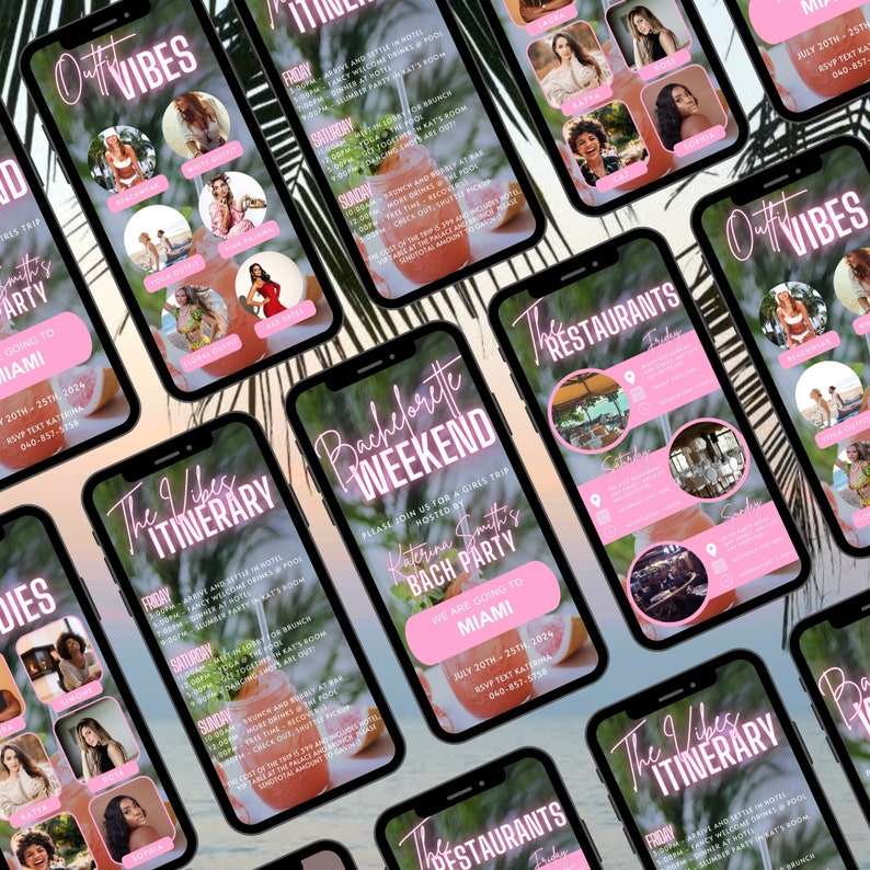 May include: A pink and black phone screen mockup with a bachelorette party itinerary and restaurant list for a trip to Miami. The itinerary includes a list of activities for each day of the trip, including a welcome party, pool day, and a brunch. The restaurant list includes the names of the restaurants and their locations. The text on the screen says "The 9 Vibes Itinerary" and "Bachelorette Weekend".