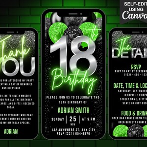 Digital 18th Birthday Invitation, Animated 18th Party Invite, Teenager Neon Green 13 Year Old Evite, Editable Itinerary & Thank You eCard